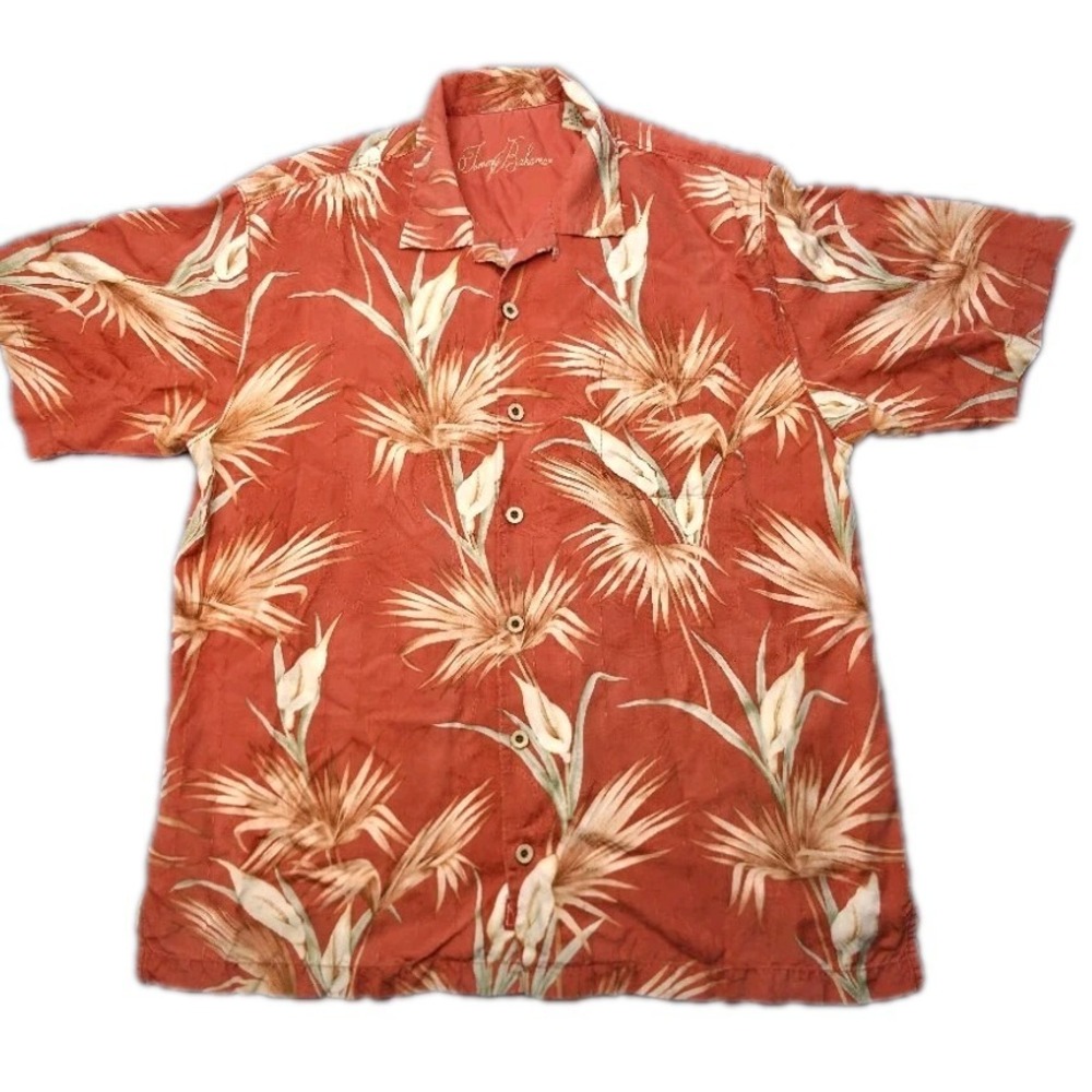 Tommy Bahama Silk Shirt Mens M Orange Tropical Floral Camp Button Down Excellent